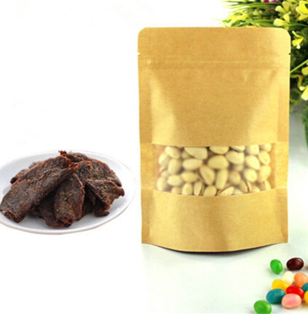 50 Pcs Brown Stand Up Kraft Pouches Paper Bags With Window And Zipper Packaging Material