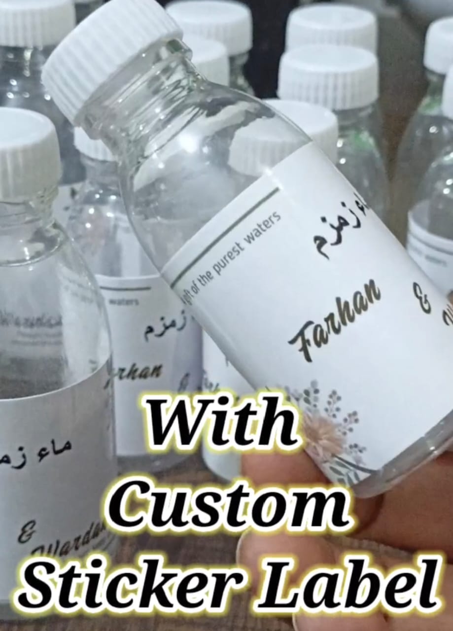 Pack of 25 Aby Zam Zam Empty Water Bottle 60 ml / 120 ML With Custom Sticker – , Durable Plastic