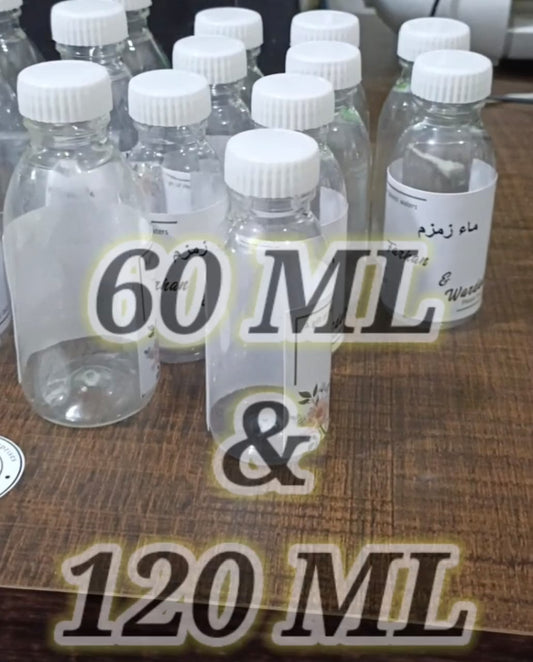 Pack of 25 Aby Zam Zam Empty Water Bottle 60 ml / 120 ML With Custom Sticker – , Durable Plastic