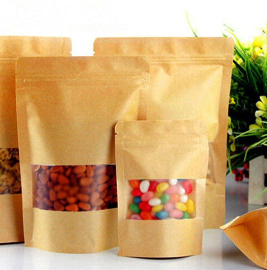 25 Pcs Brown Stand Up Kraft Pouches Paper Bags With Window And Zipper Packaging Material (Copy)