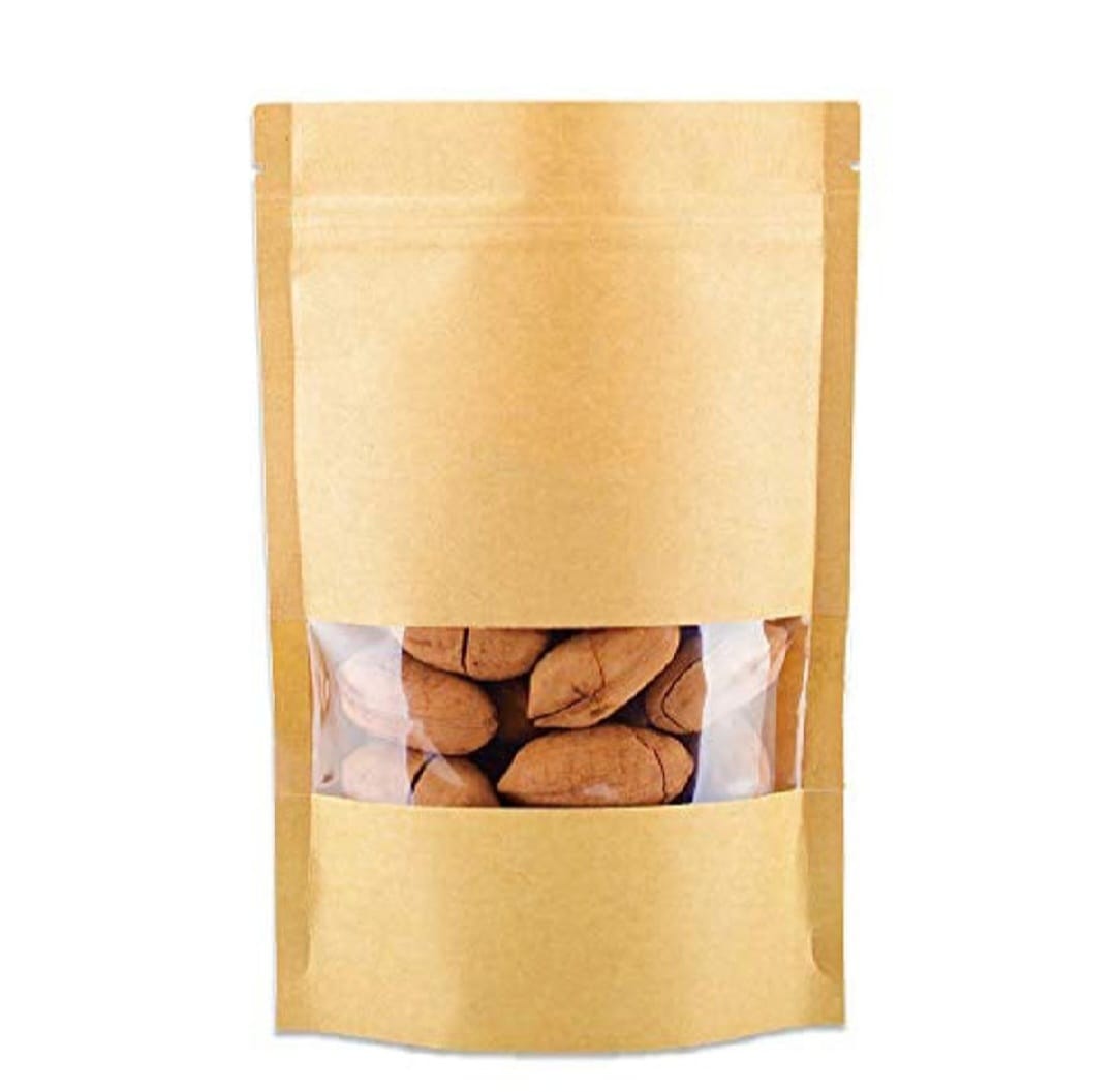 50 Pcs Brown Stand Up Kraft Pouches Paper Bags With Window And Zipper Packaging Material