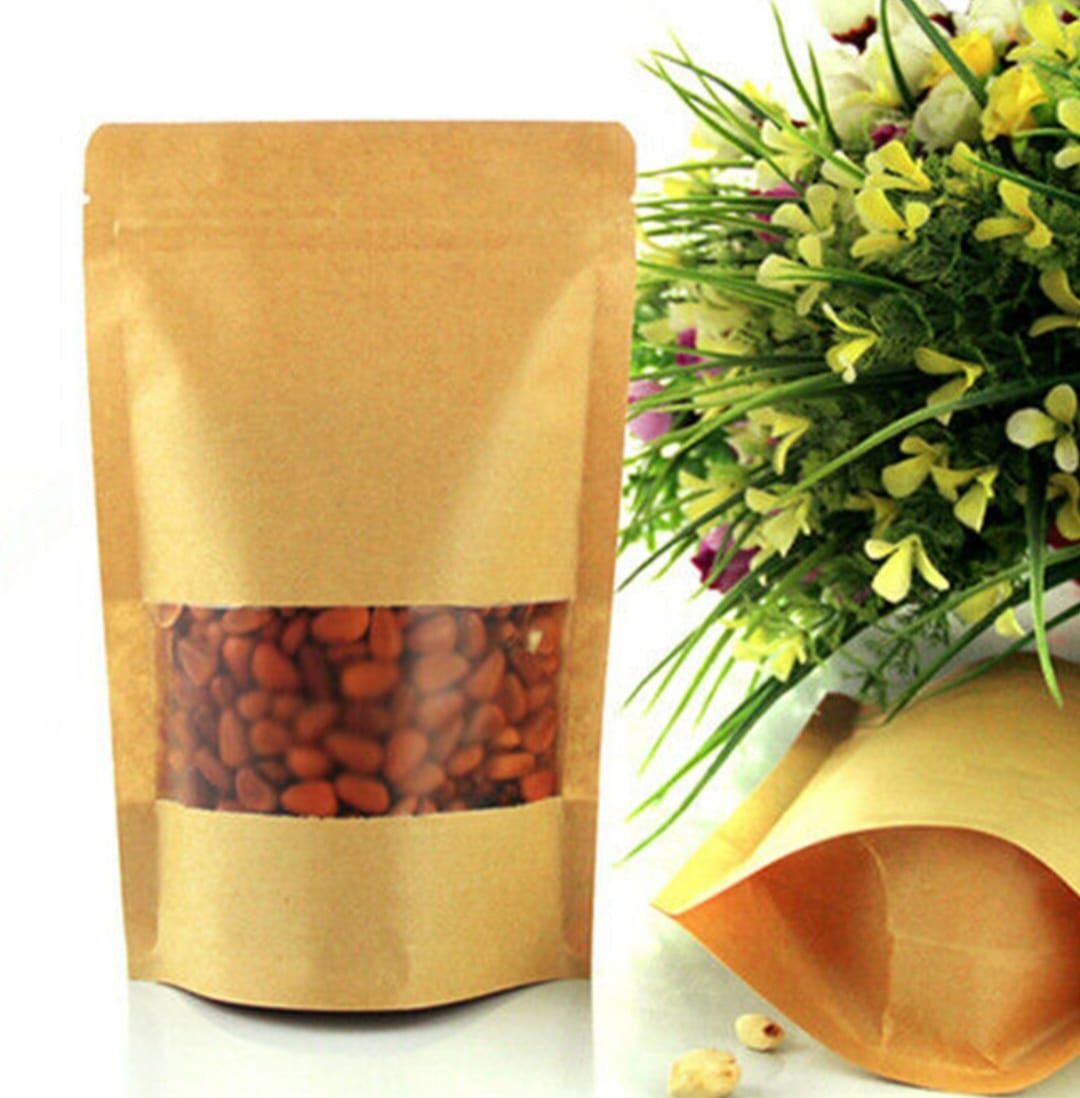 50 Pcs Brown Stand Up Kraft Pouches Paper Bags With Window And Zipper Packaging Material